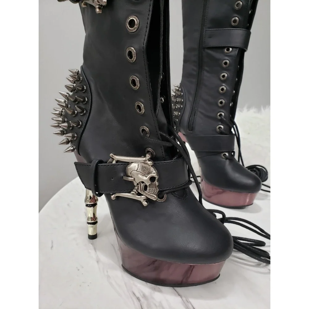 SIZE 7 DEMONIA Muerto Bone High Heel Spiked Skull Buckle Moto gothic Knee Boots
